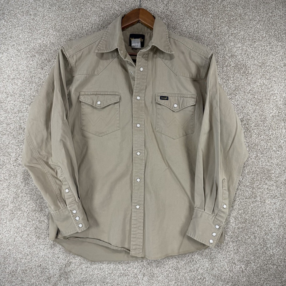 VTG Wrangler Pearl Snap Shirt Mens M Tan Beige Western Cowboy Heavy Duty *Flaw